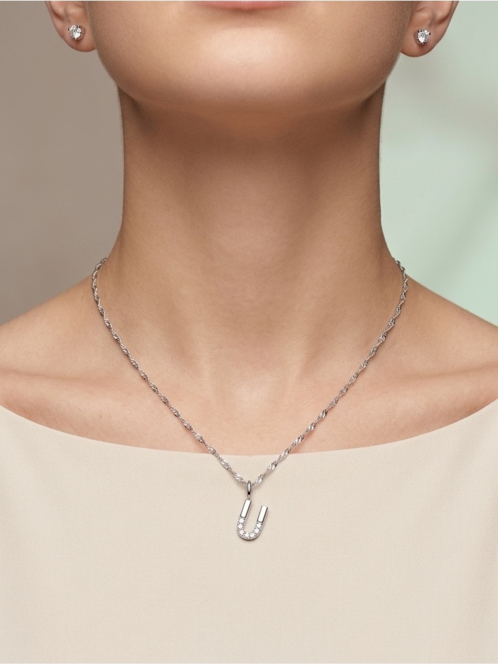 A New Day “U” Initial Necklace & CZ Stud Earrings Set | Silver